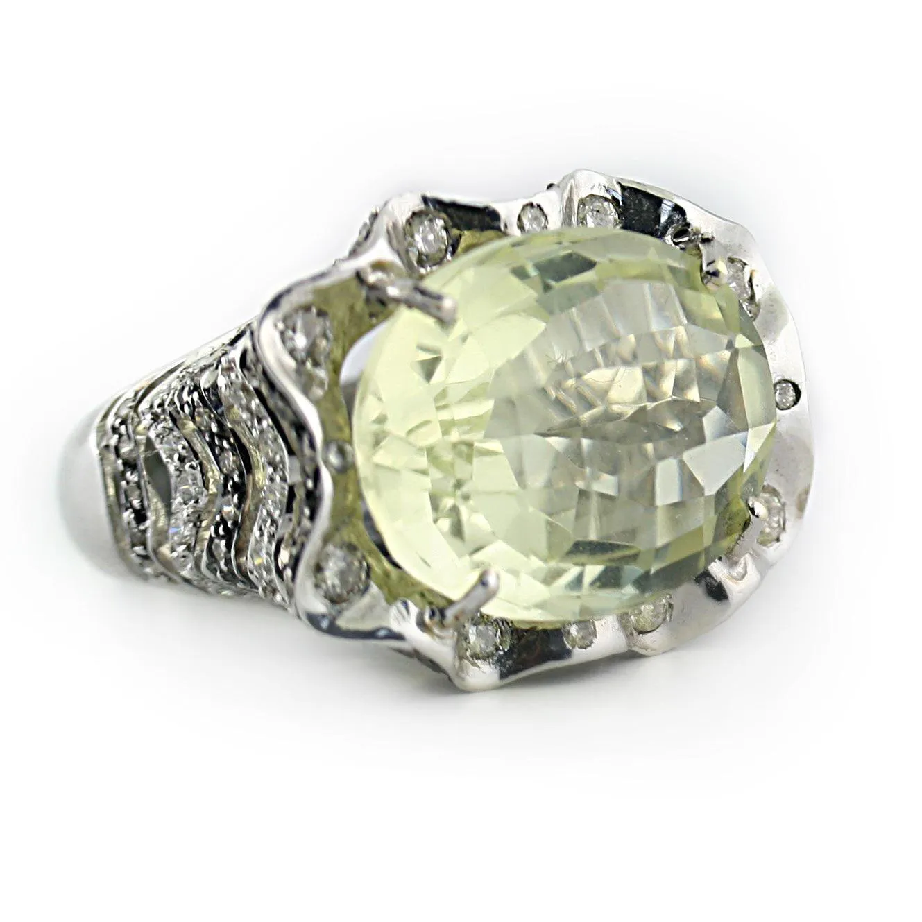 Prasiolite and Diamonds ring White Gold