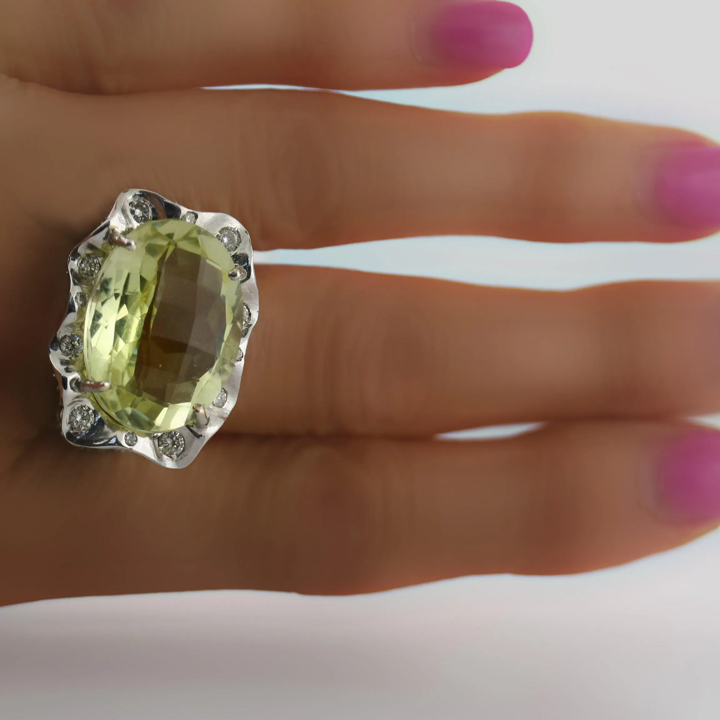 Prasiolite and Diamonds ring White Gold