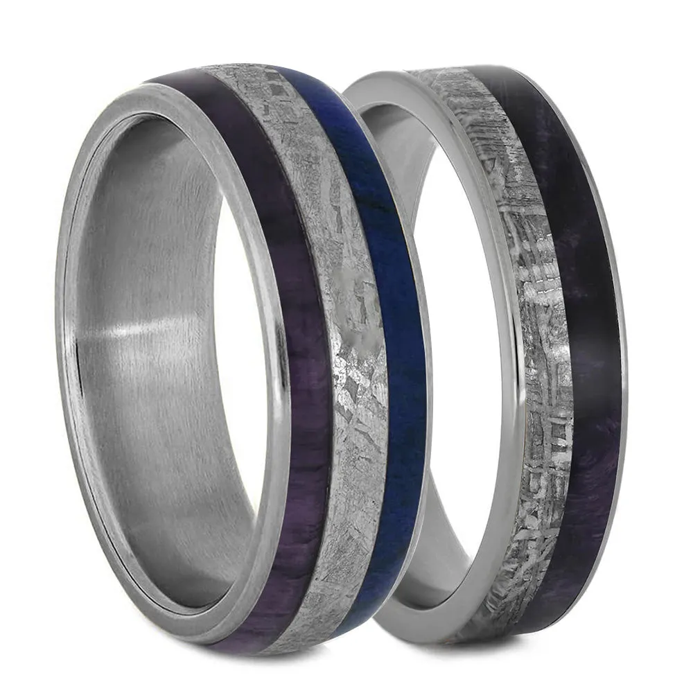 Purple & Blue Burl Wood & Meteorite Wedding Band Set