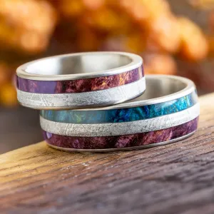 Purple & Blue Burl Wood & Meteorite Wedding Band Set