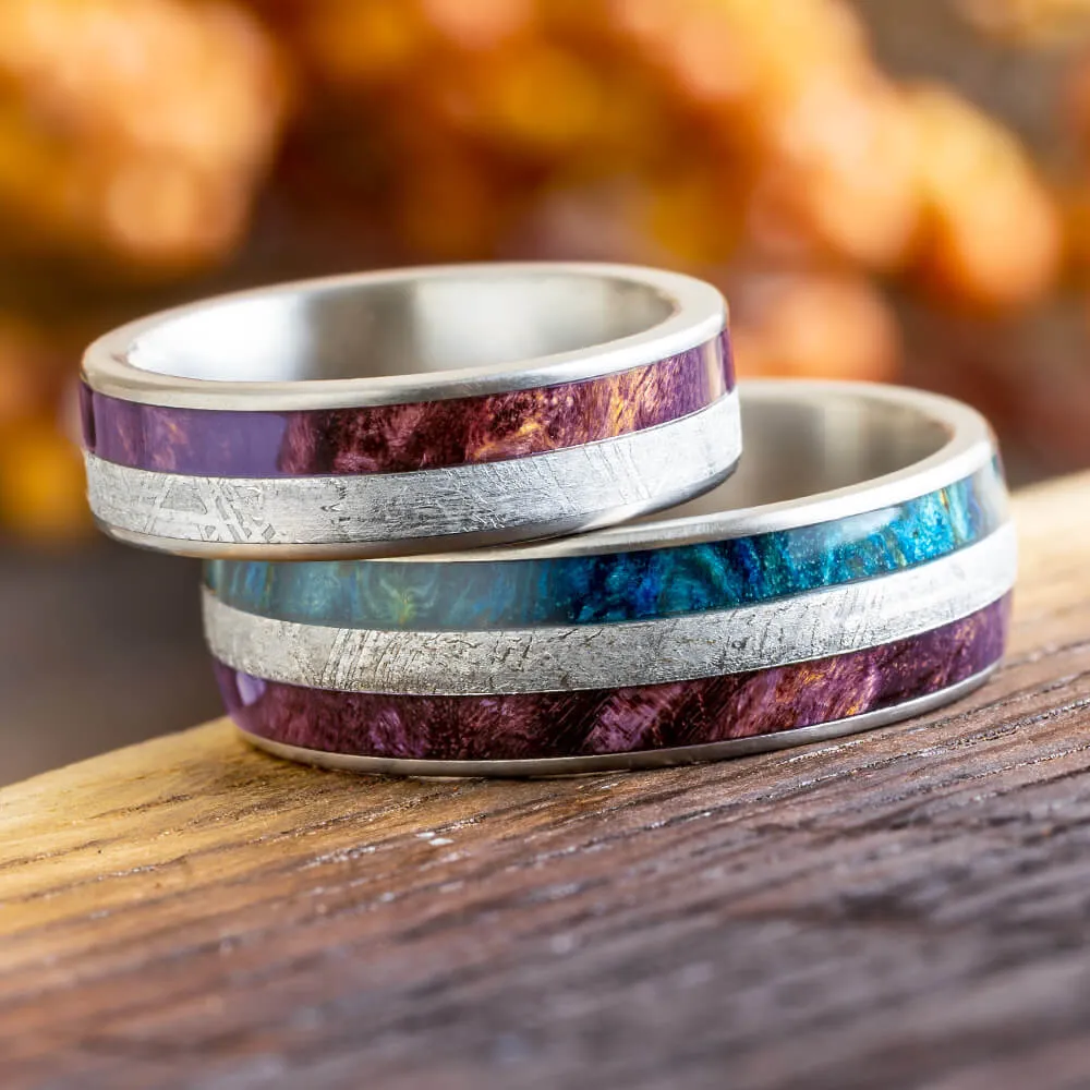 Purple & Blue Burl Wood & Meteorite Wedding Band Set