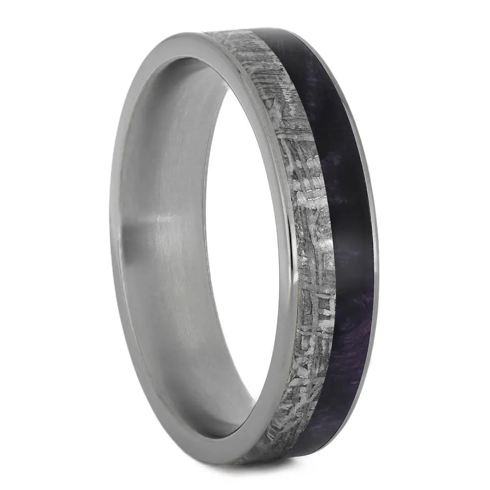 Purple & Blue Burl Wood & Meteorite Wedding Band Set