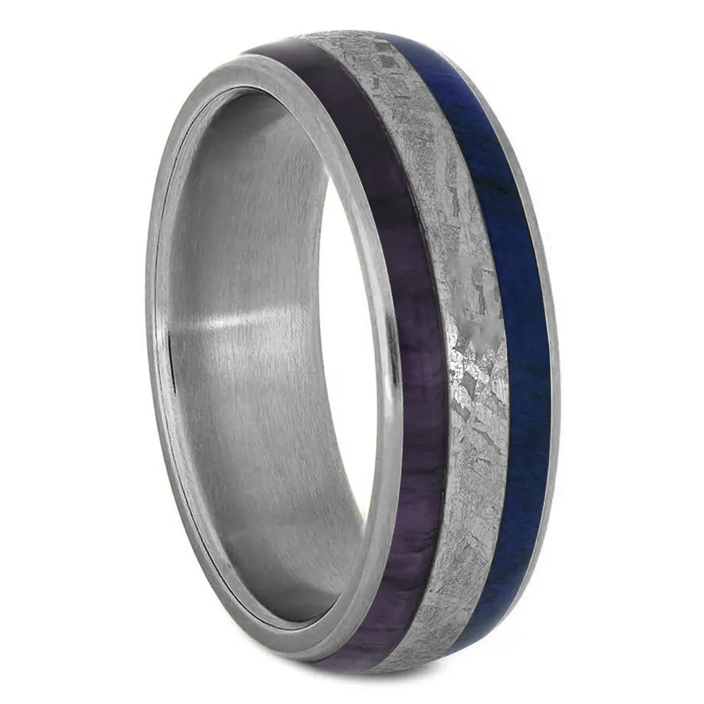 Purple & Blue Burl Wood & Meteorite Wedding Band Set
