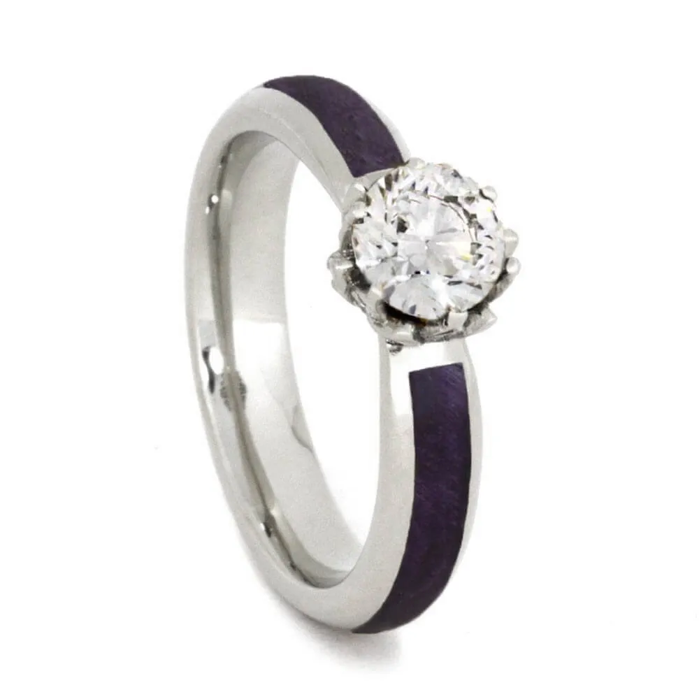 Purple Box Elder Burl Wedding Ring Set, Moissanite Engagement Ring with Wood Band