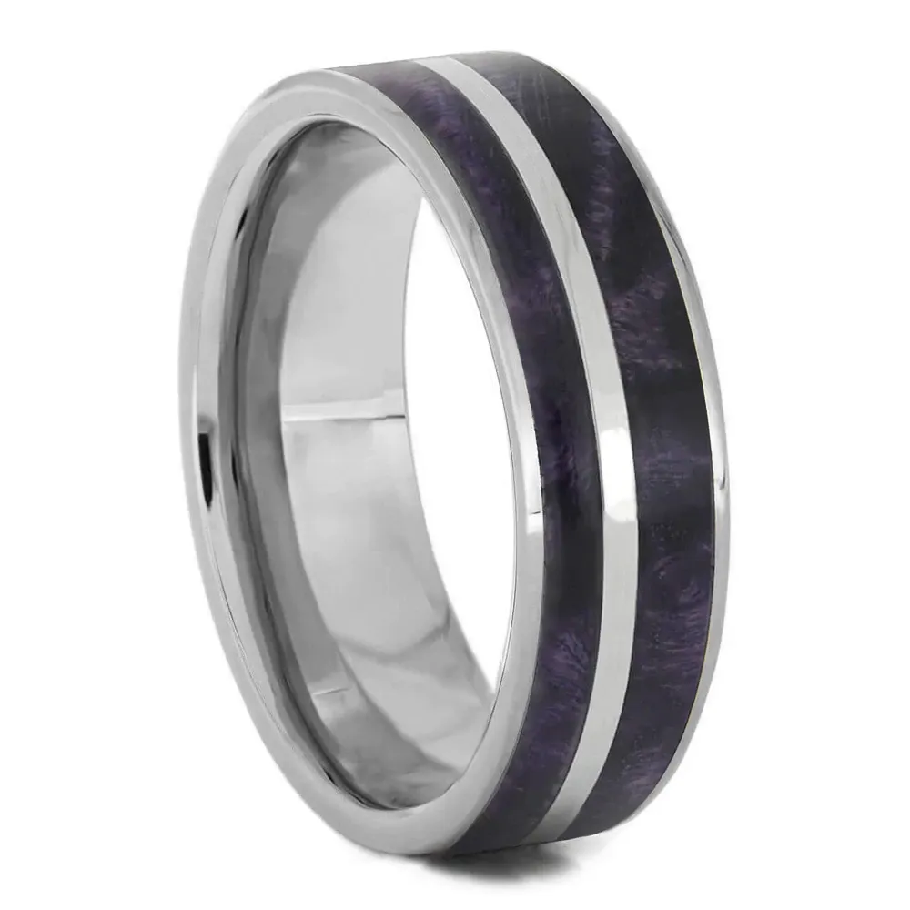 Purple Box Elder Burl Wedding Ring Set, Moissanite Engagement Ring with Wood Band