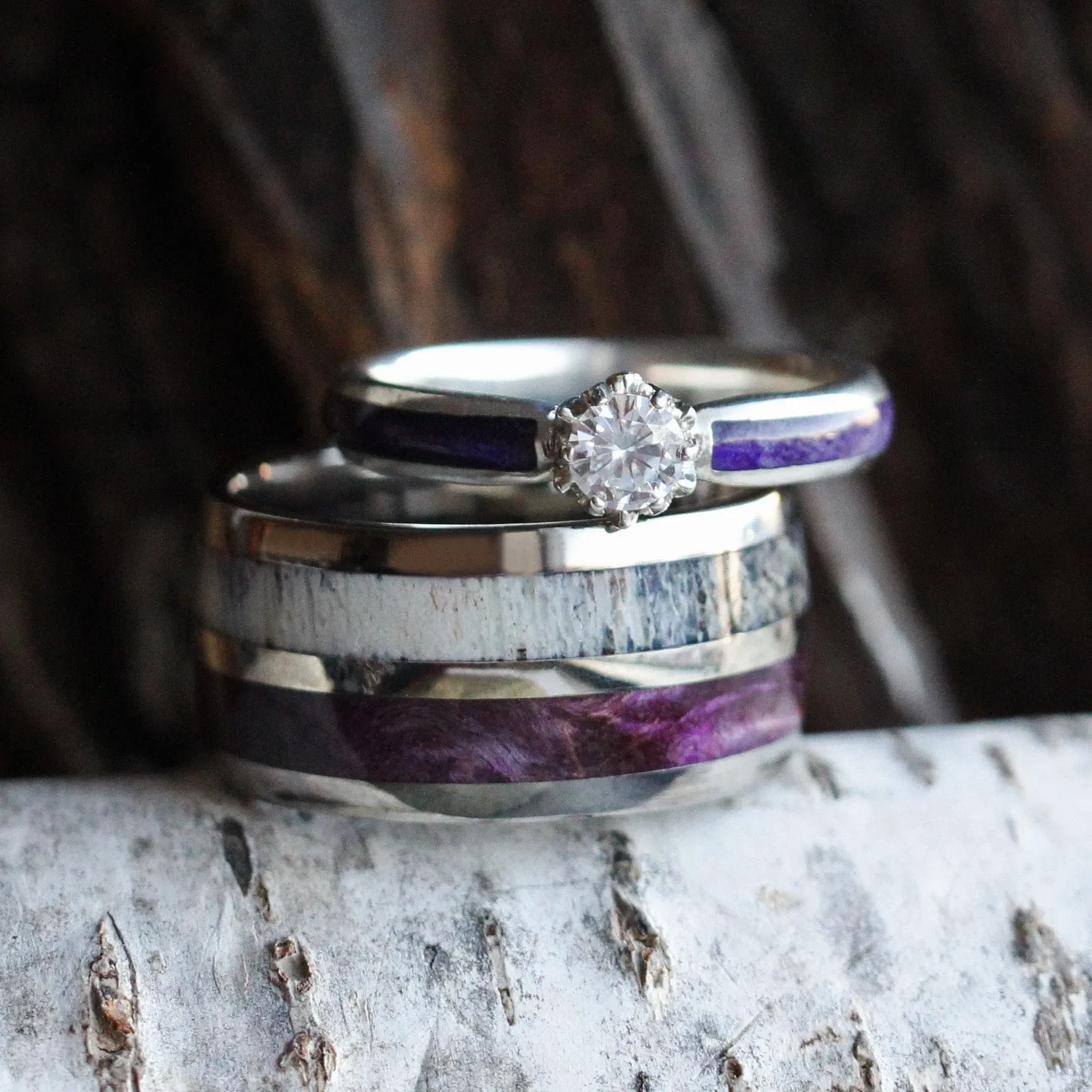 Purple Wood Wedding Ring Set with Moissanite Engagement Ring