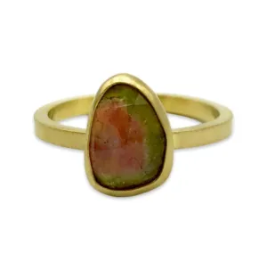 Rose Cut Brazilian Watermelon Tourmaline Set Ring in Solid 18k Yellow Gold