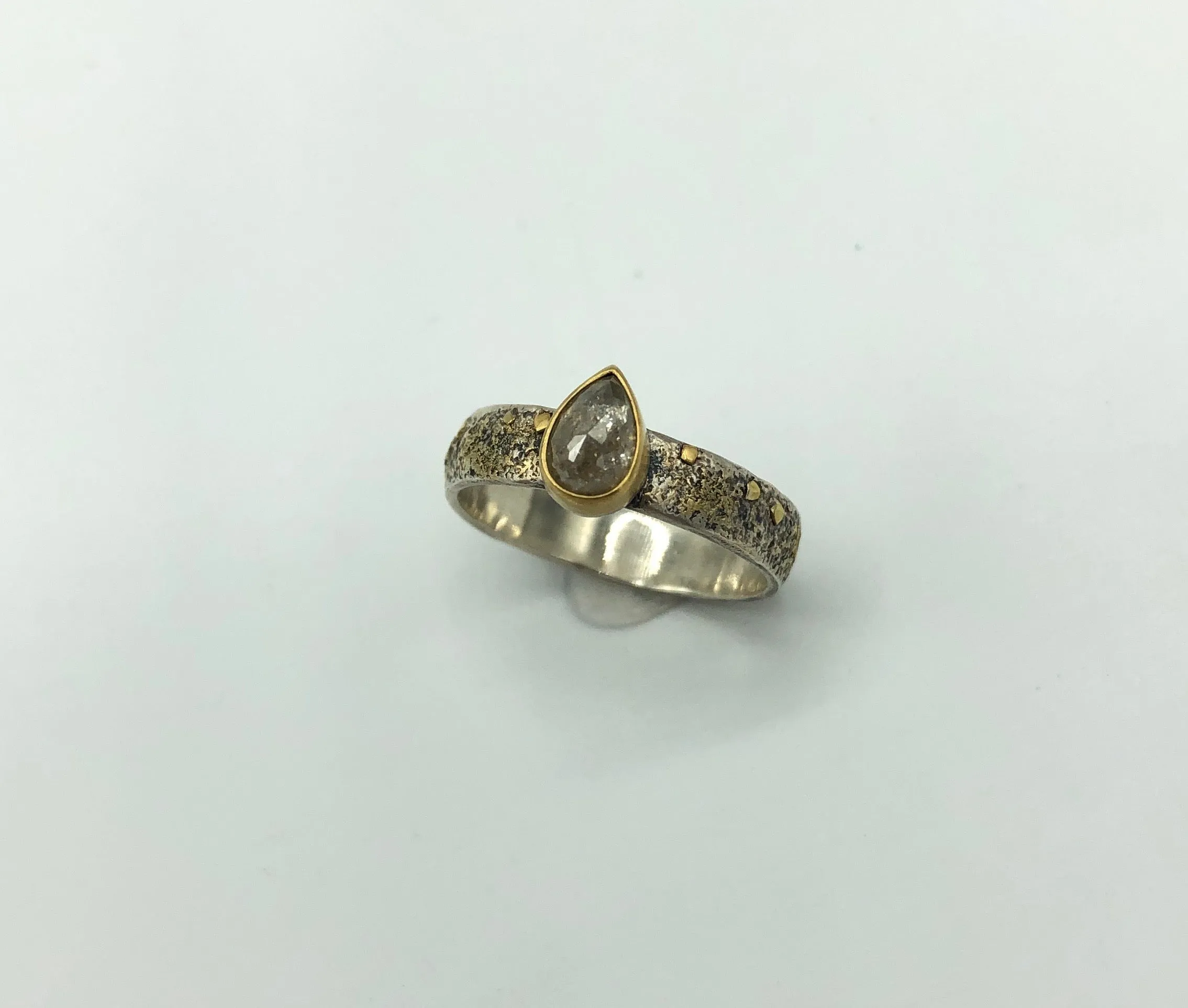 Rose Cut Pear Shaped Salt and Pepper Diamond Set Ring in 18k Gold