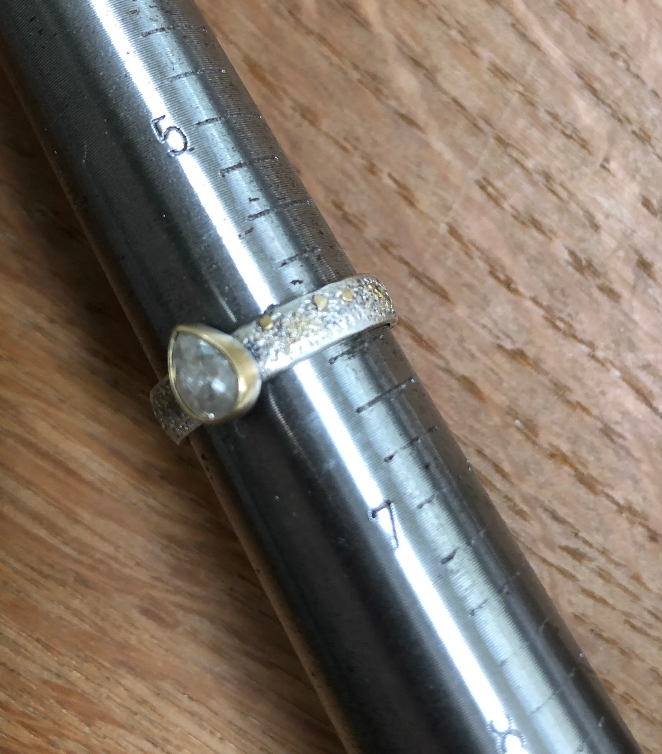 Rose Cut Pear Shaped Salt and Pepper Diamond Set Ring in 18k Gold