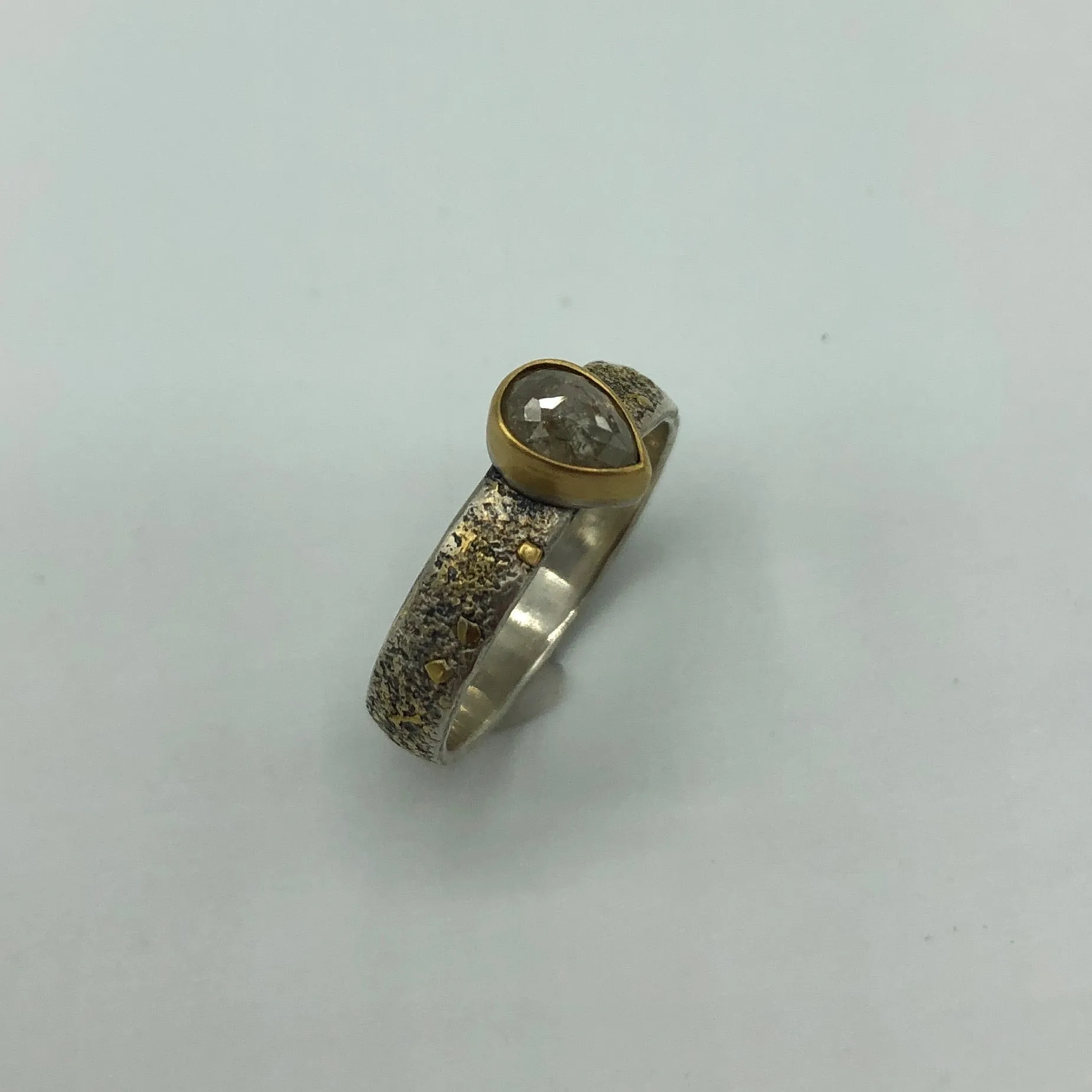 Rose Cut Pear Shaped Salt and Pepper Diamond Set Ring in 18k Gold