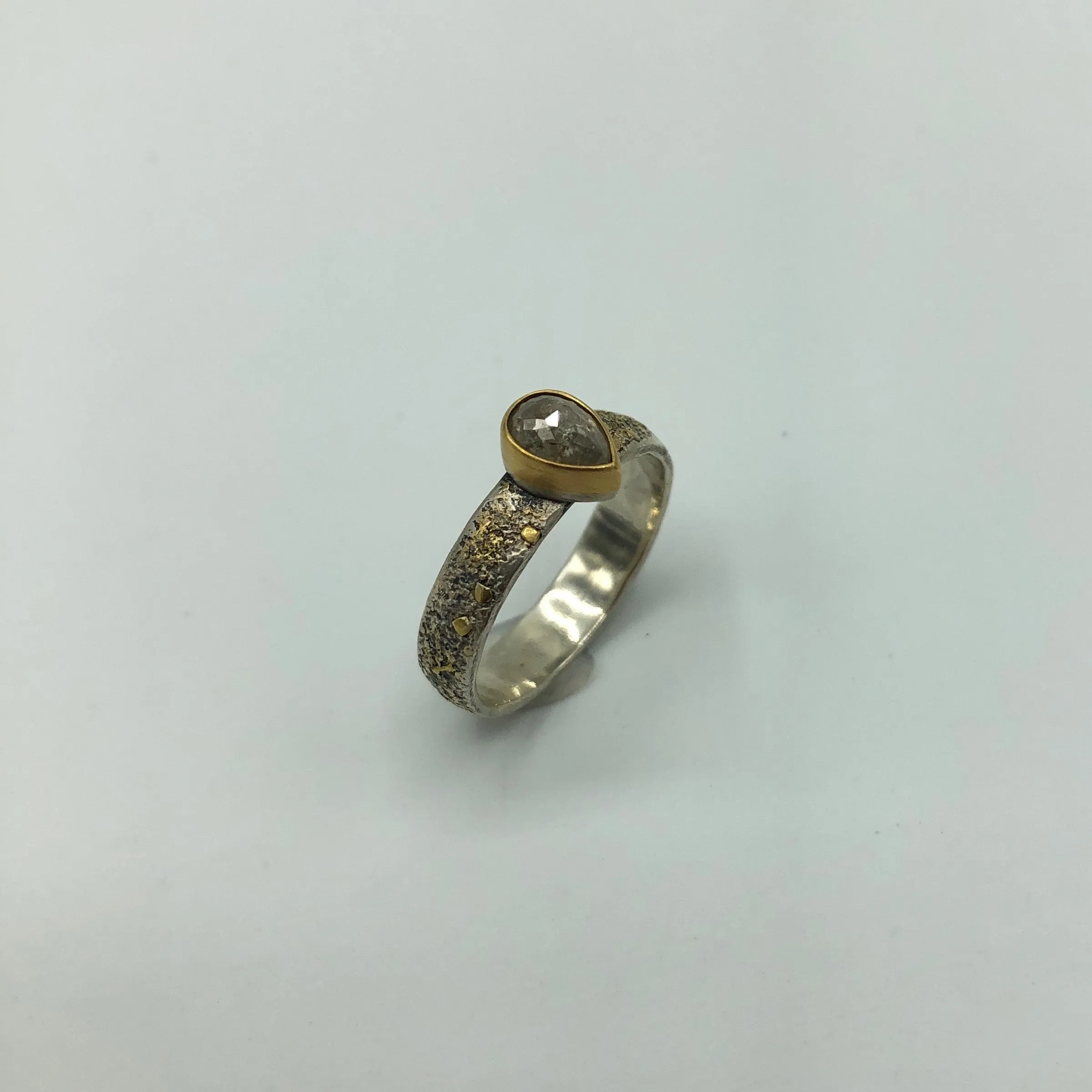 Rose Cut Pear Shaped Salt and Pepper Diamond Set Ring in 18k Gold