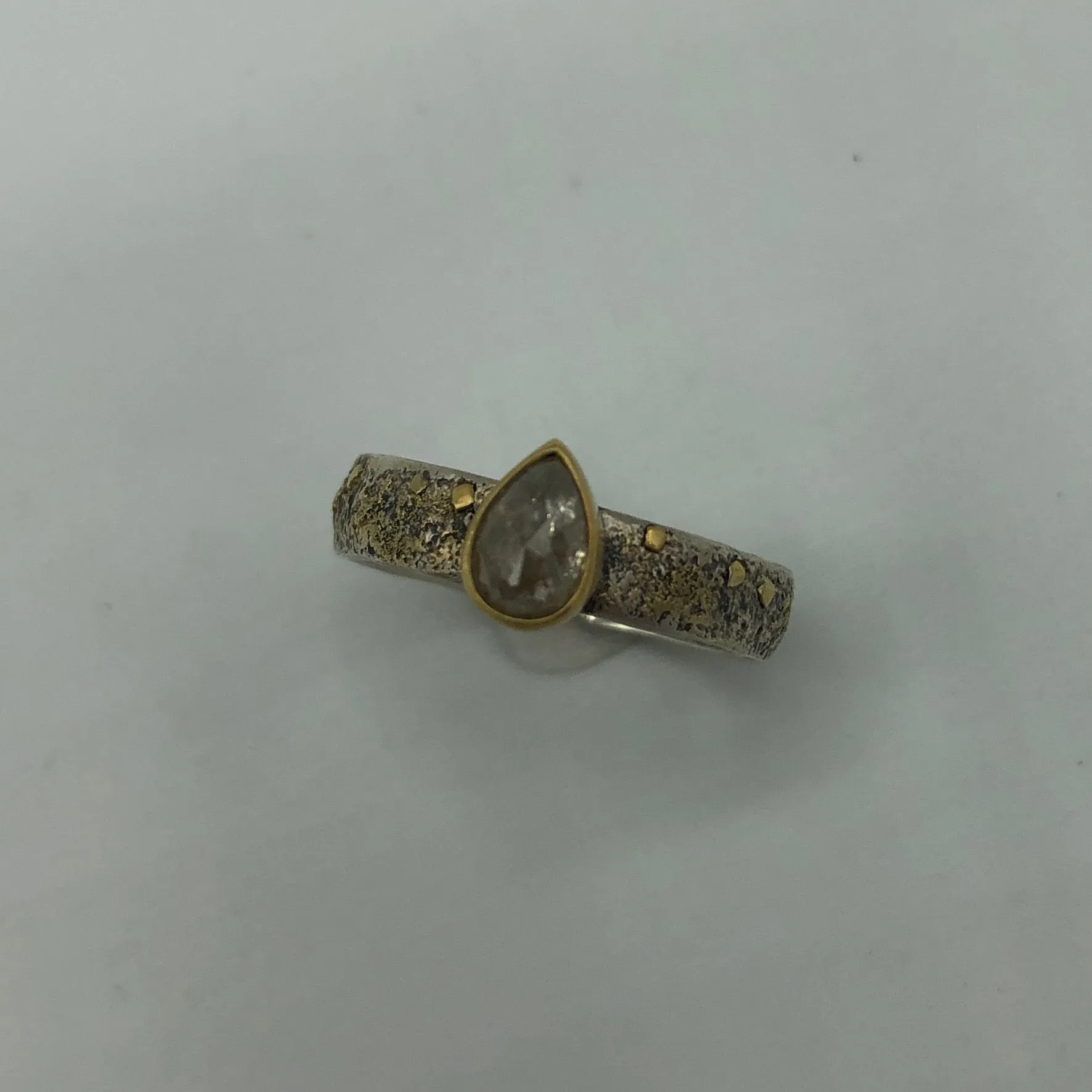Rose Cut Pear Shaped Salt and Pepper Diamond Set Ring in 18k Gold