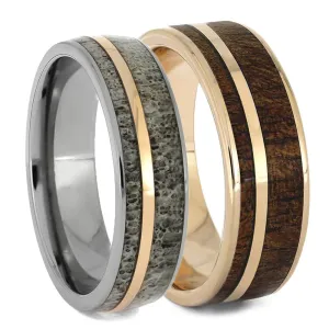 Rose Gold Wedding Band Set with Antler and Wood