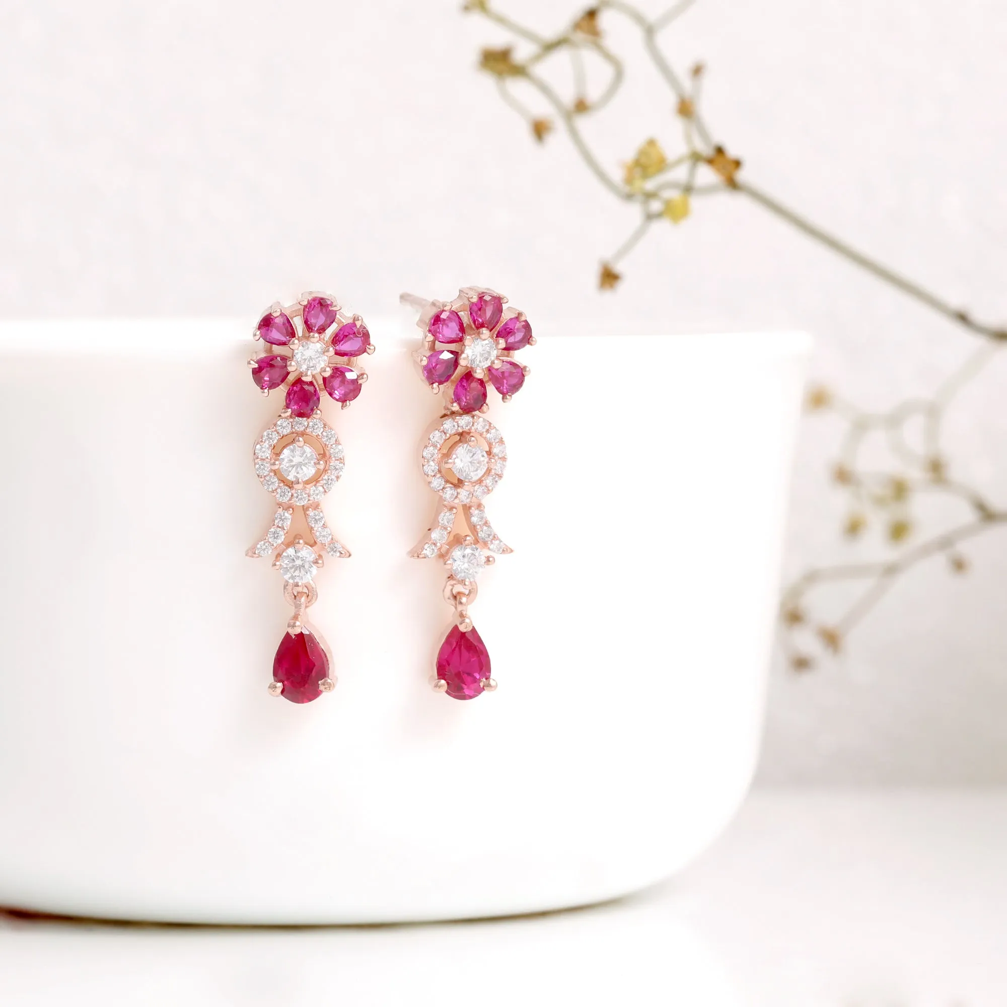 Rose Gold Zircon Pink Flower Drop Danglers