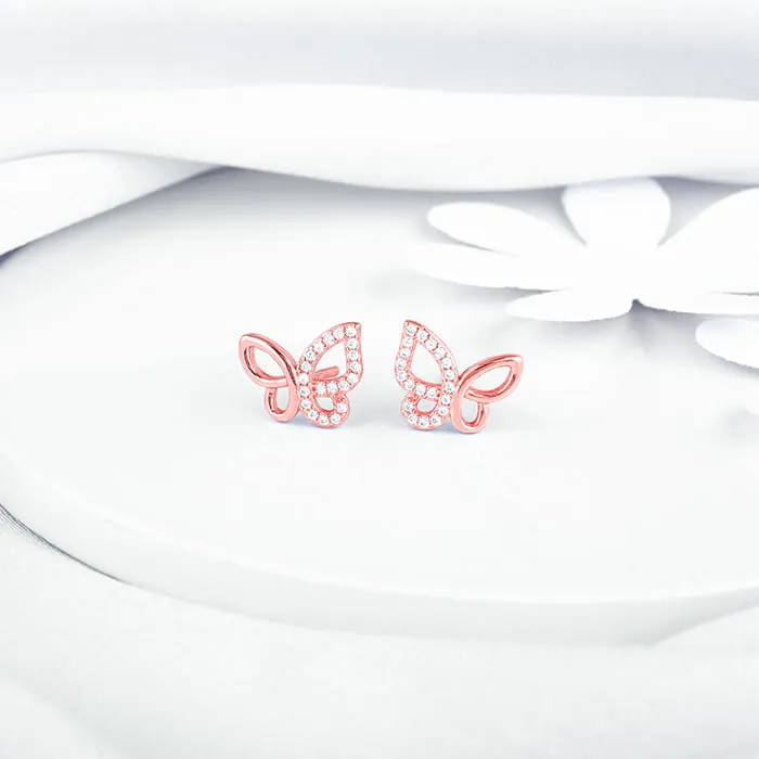 Rose Gold Zircon-Studded Butterfly Earrings