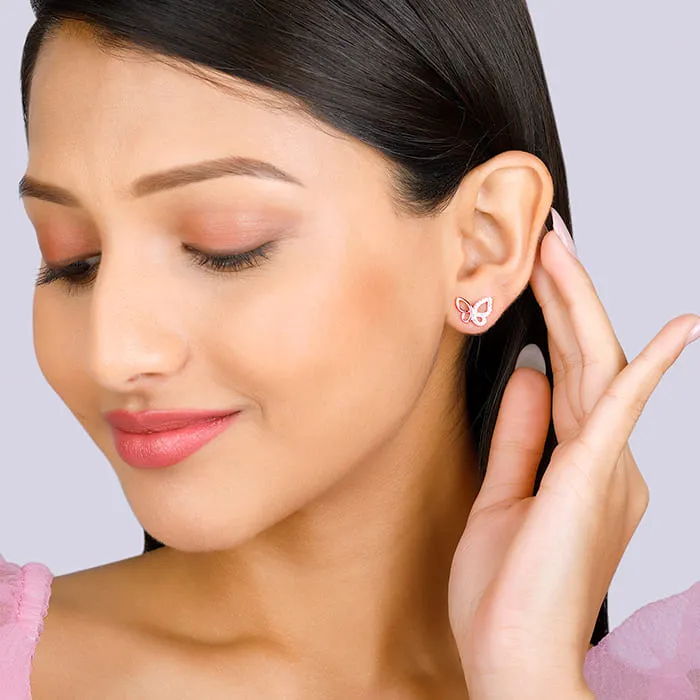 Rose Gold Zircon-Studded Butterfly Earrings