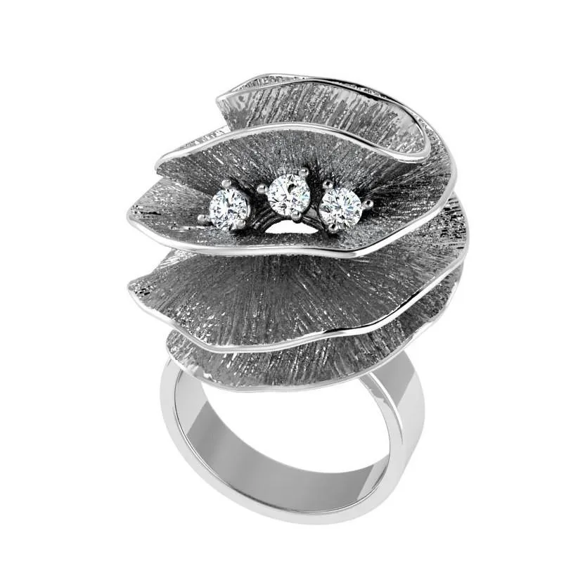 Rose Shaped Diamond Flower Ring 18K Yellow Gold