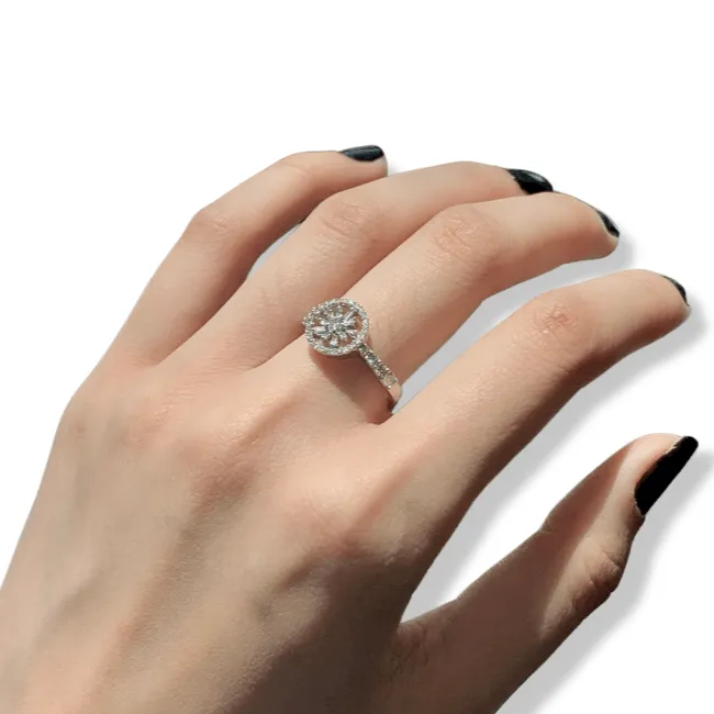 Round and Baguette Diamond Flower Ring