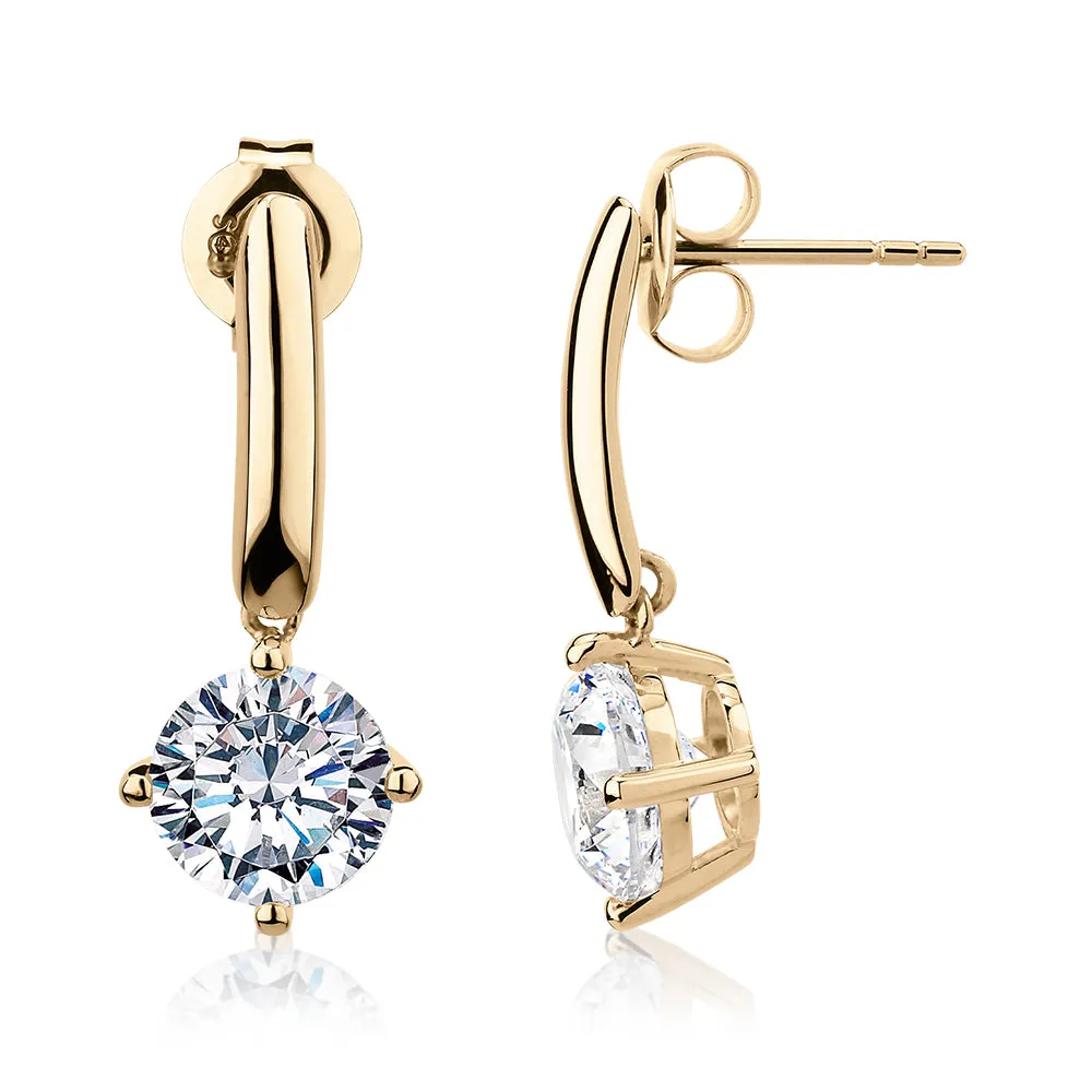Round Brilliant drop earrings with 3.34 carats* of diamond simulants in 10 carat yellow gold