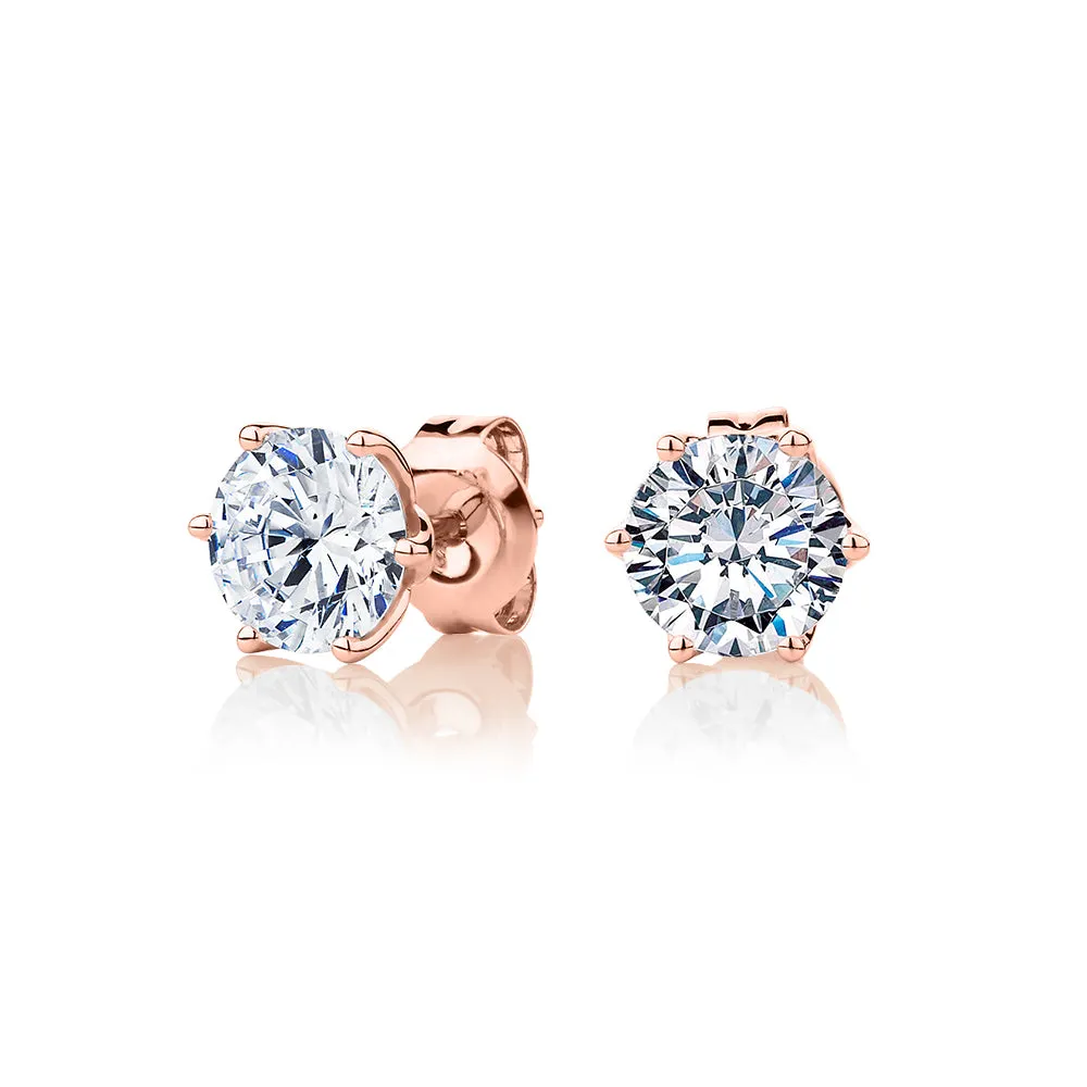 Round Brilliant stud earrings with 2 carats* of diamond simulants in 10 carat rose gold
