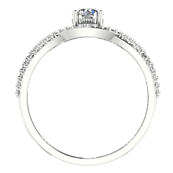 Round Diamond Ring Twisted Band with Sides Stones 18K White Gold Setting