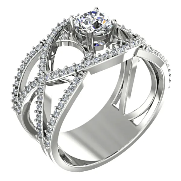 Round Diamond Ring Twisted Band with Sides Stones 18K White Gold Setting