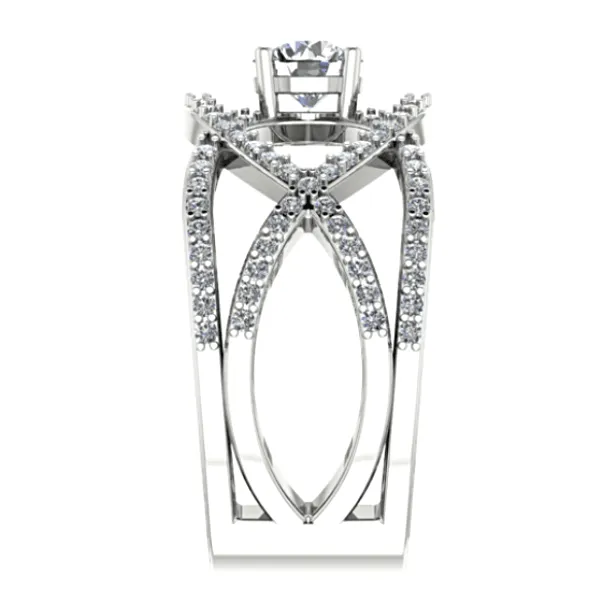 Round Diamond Ring Twisted Band with Sides Stones 18K White Gold Setting