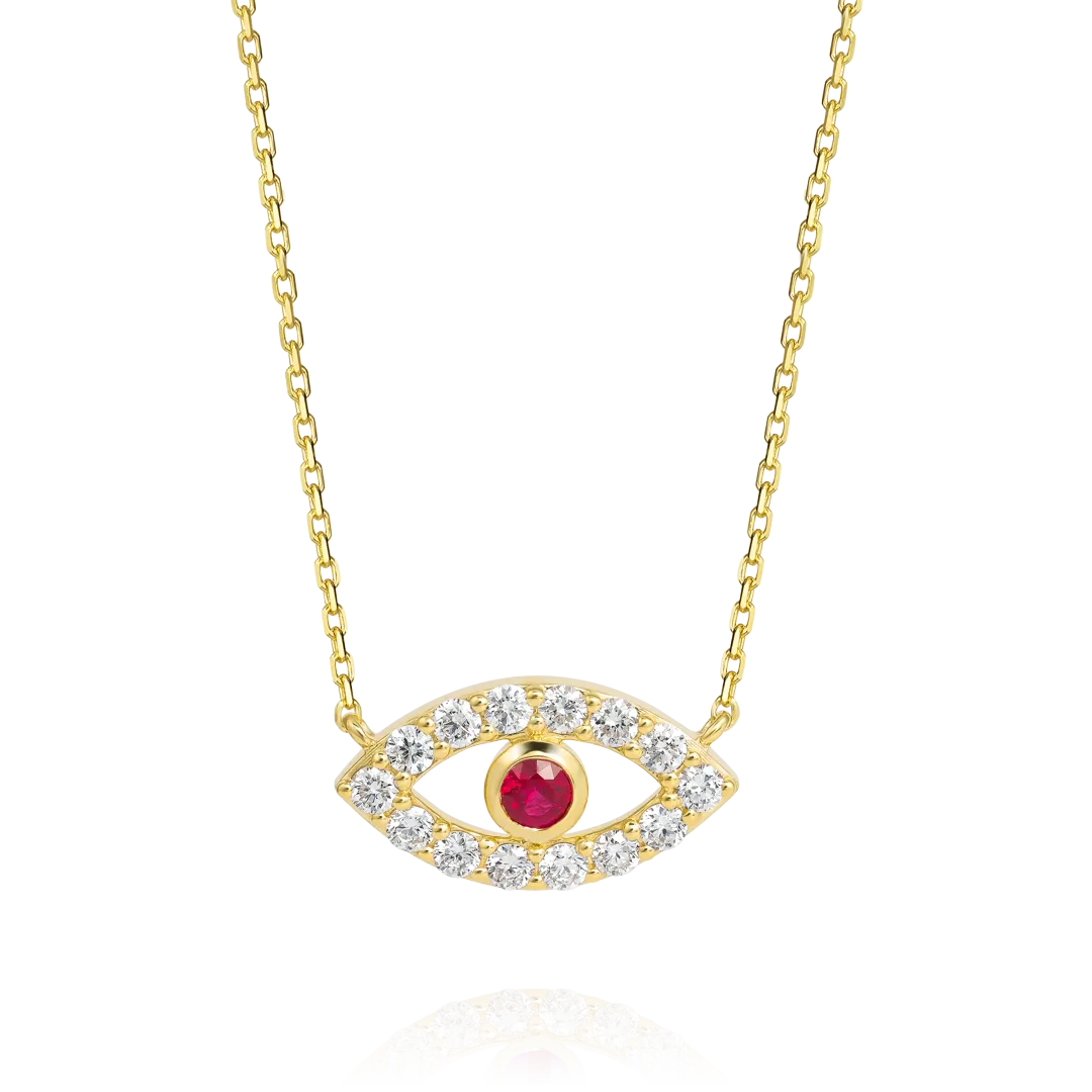 Round Evil Eye Red Ruby Pendant Yellow Gold