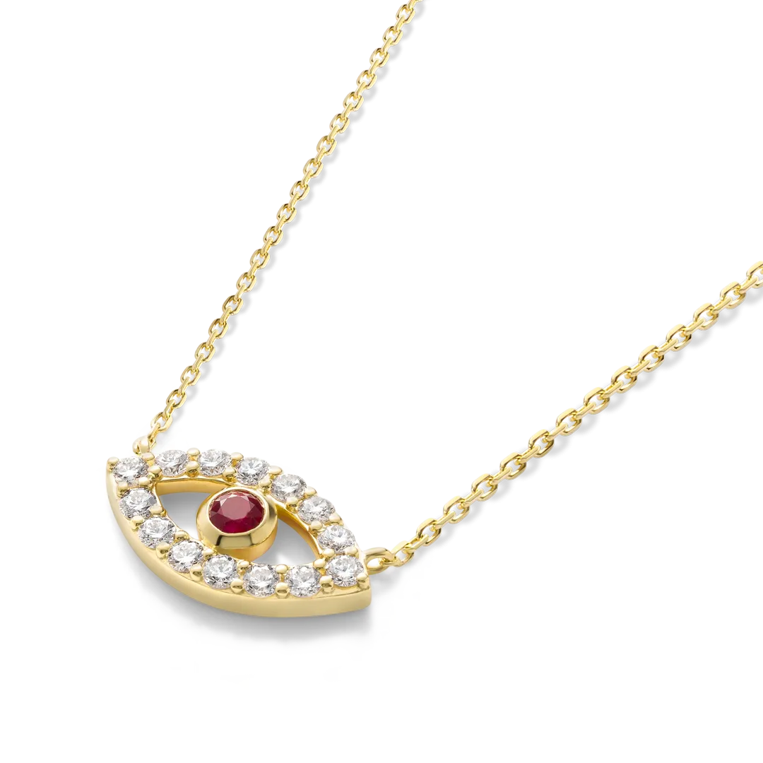 Round Evil Eye Red Ruby Pendant Yellow Gold