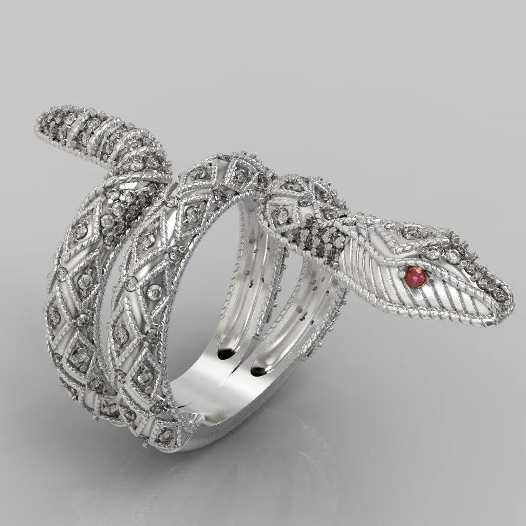 Ruby and Diamond Snake Ring 14K White Gold