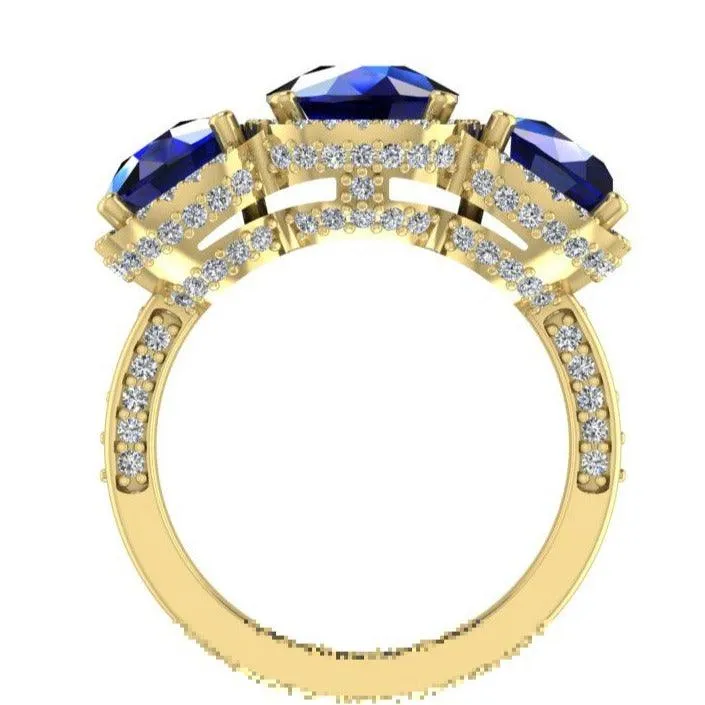 Sapphire and Diamond Halo Three Stone Ring
