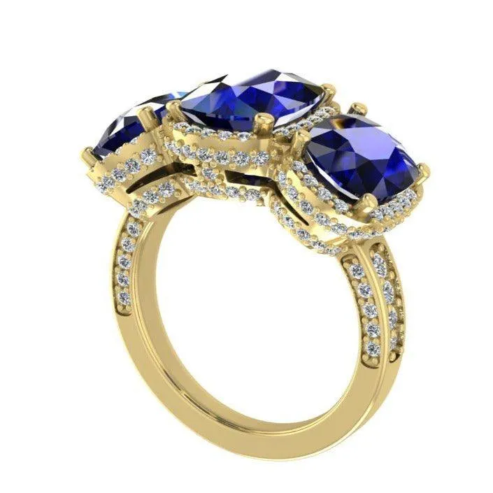 Sapphire and Diamond Halo Three Stone Ring
