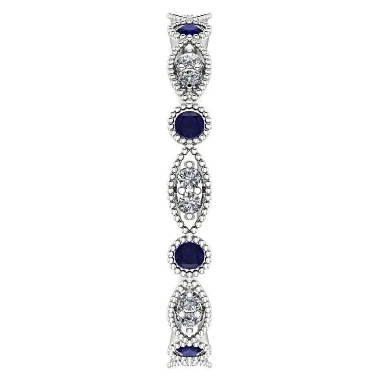 Sapphire and Diamond Milgrain Marquise and Dot Eternity Ring 14K White Gold