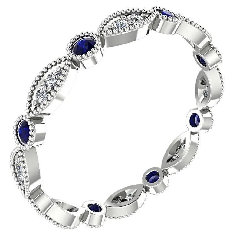 Sapphire and Diamond Milgrain Marquise and Dot Eternity Ring 14K White Gold