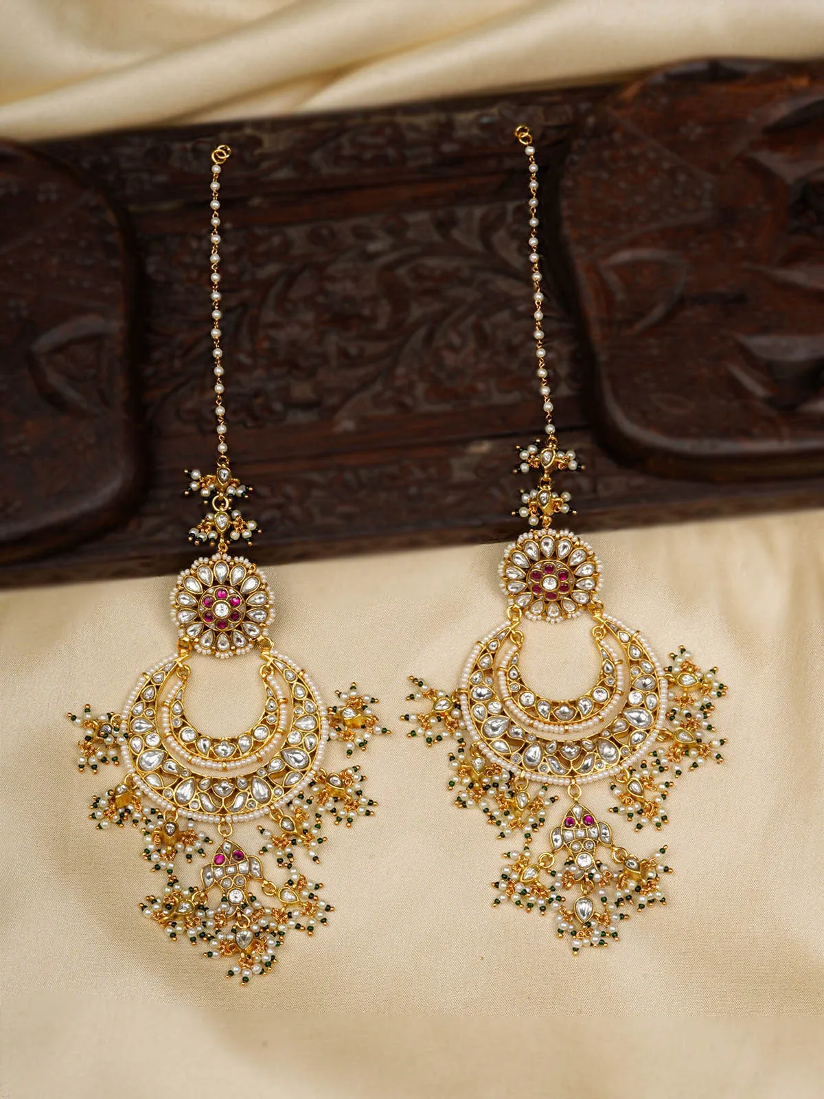 Sharmeen Sehgal in Pink Color Gold Plated Jadau Kundan Earrings (Matsya Chandbali) - ME1190WP