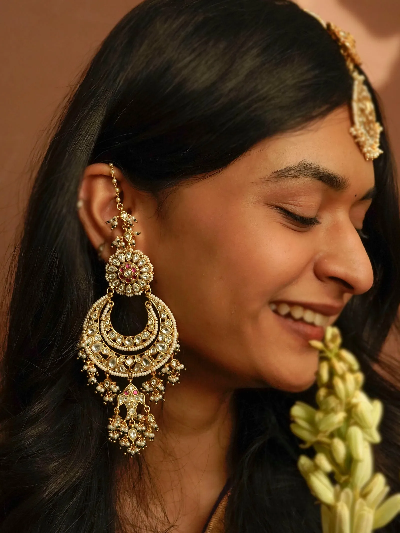 Sharmeen Sehgal in Pink Color Gold Plated Jadau Kundan Earrings (Matsya Chandbali) - ME1190WP