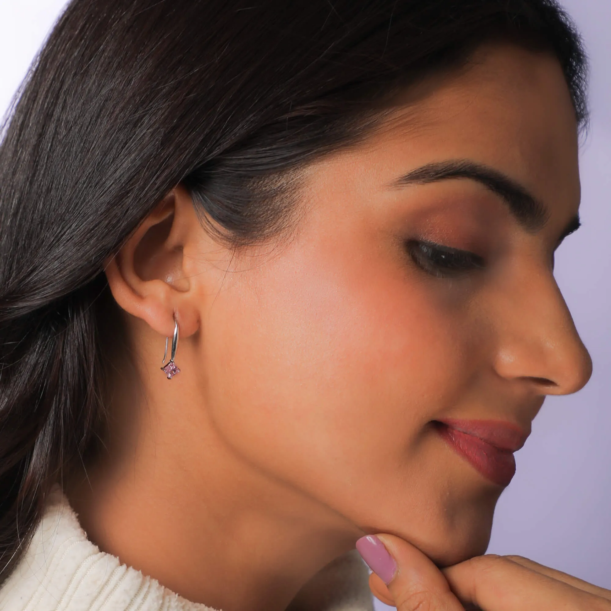 Silver Baby Pink Square Earrings