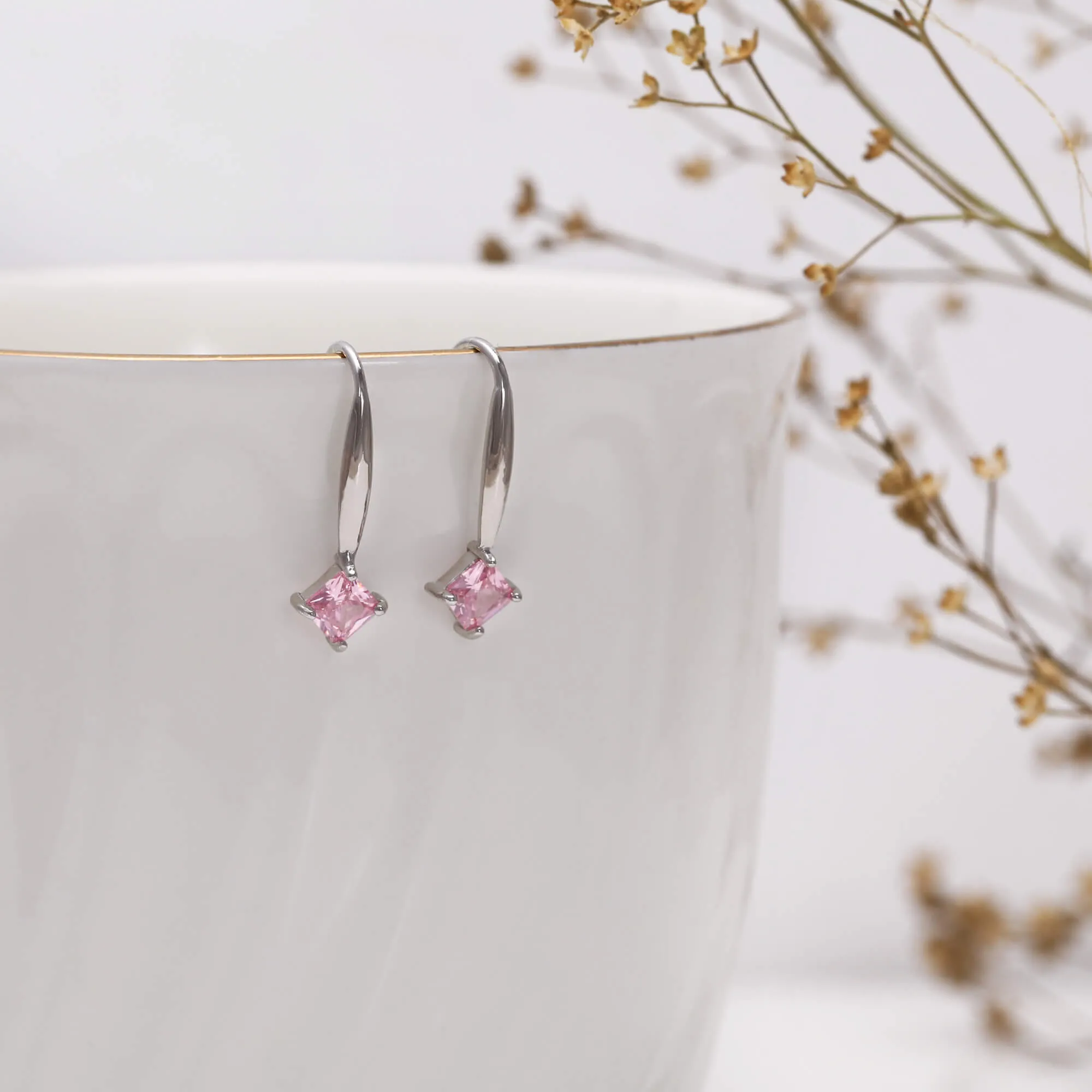 Silver Baby Pink Square Earrings