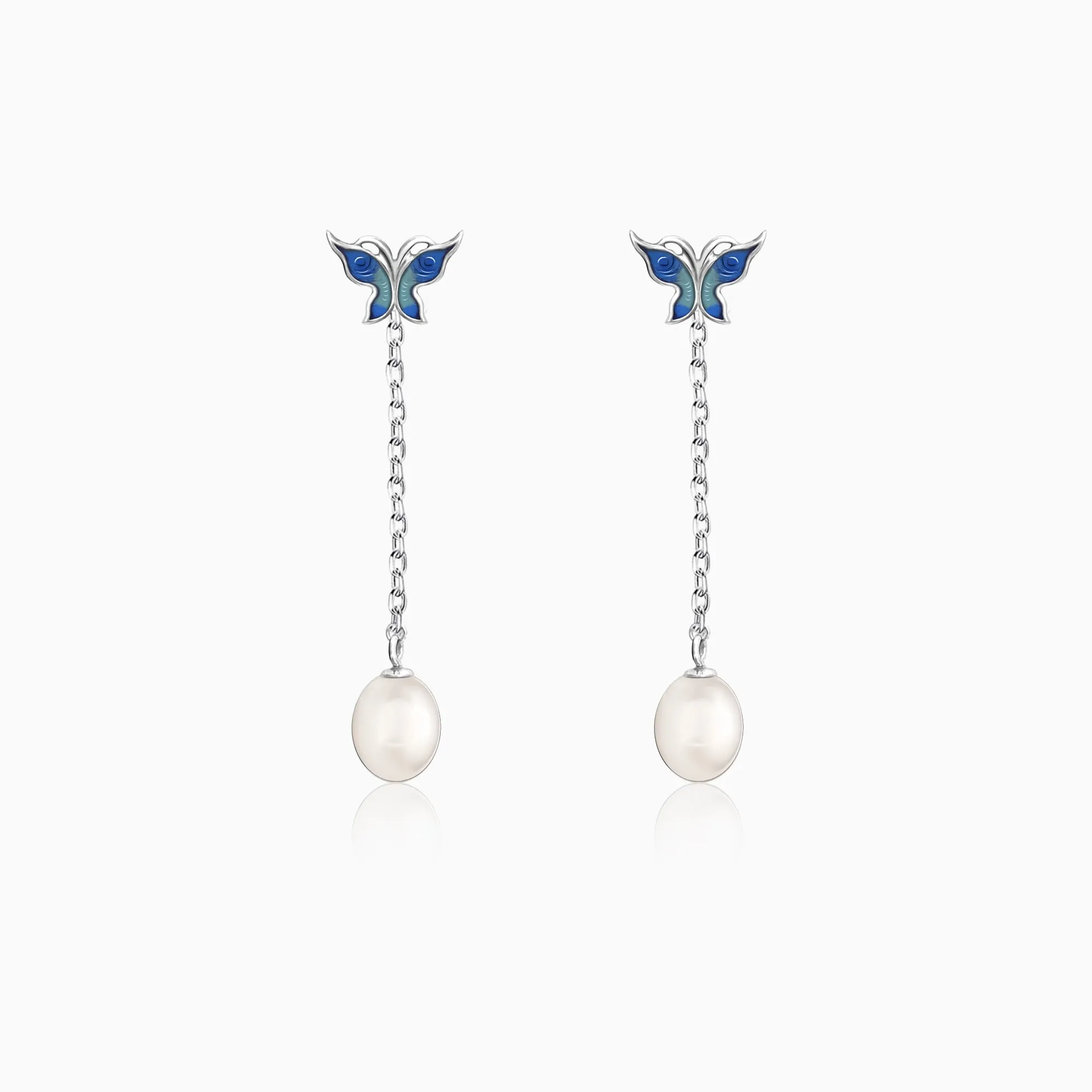 Silver Butterfly Pearl Dangle Earrings