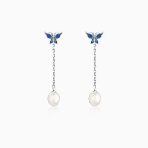Silver Butterfly Pearl Dangle Earrings