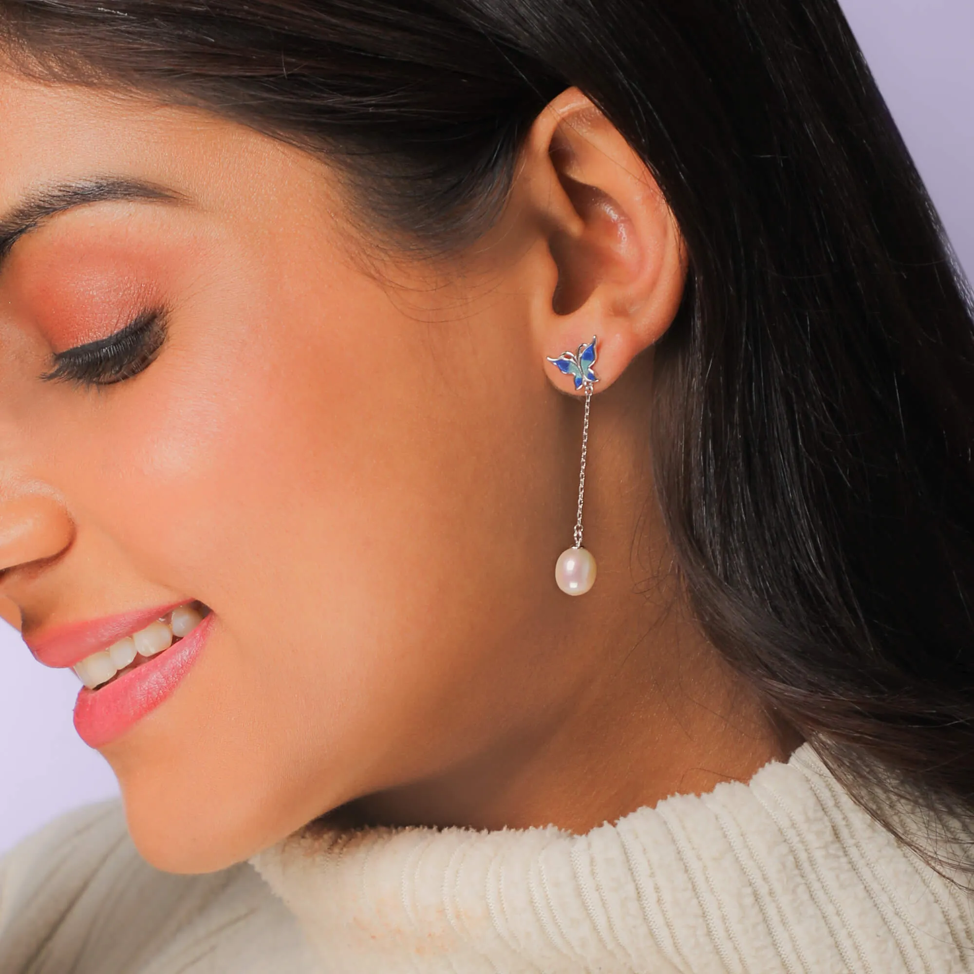 Silver Butterfly Pearl Dangle Earrings