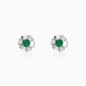 Silver Dark Green Flower Earrings