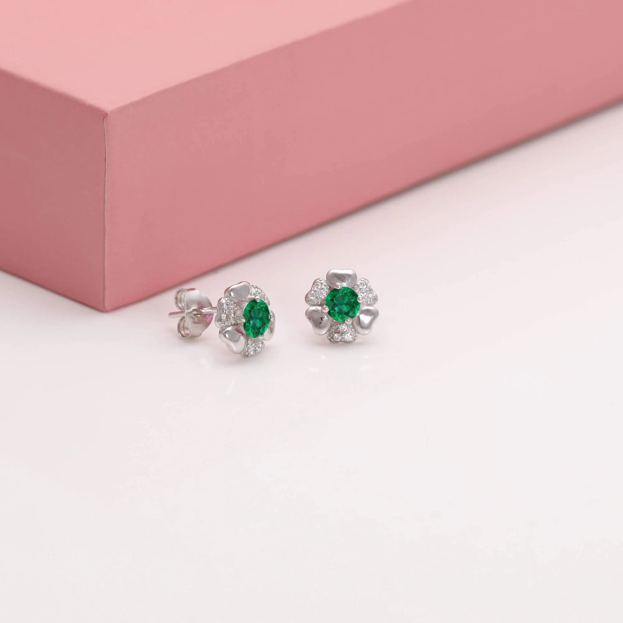 Silver Dark Green Flower Earrings