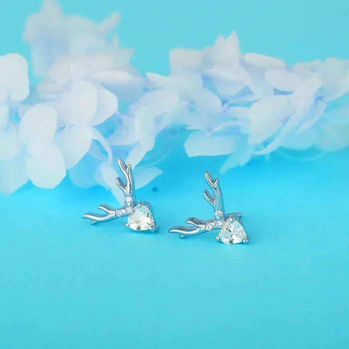 Silver Deer Heart Stud Earrings