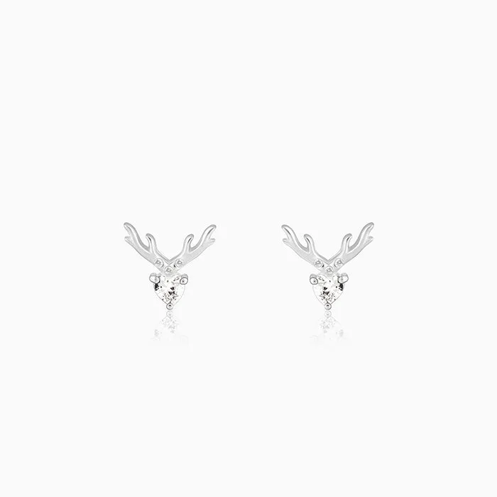 Silver Deer Heart Stud Earrings