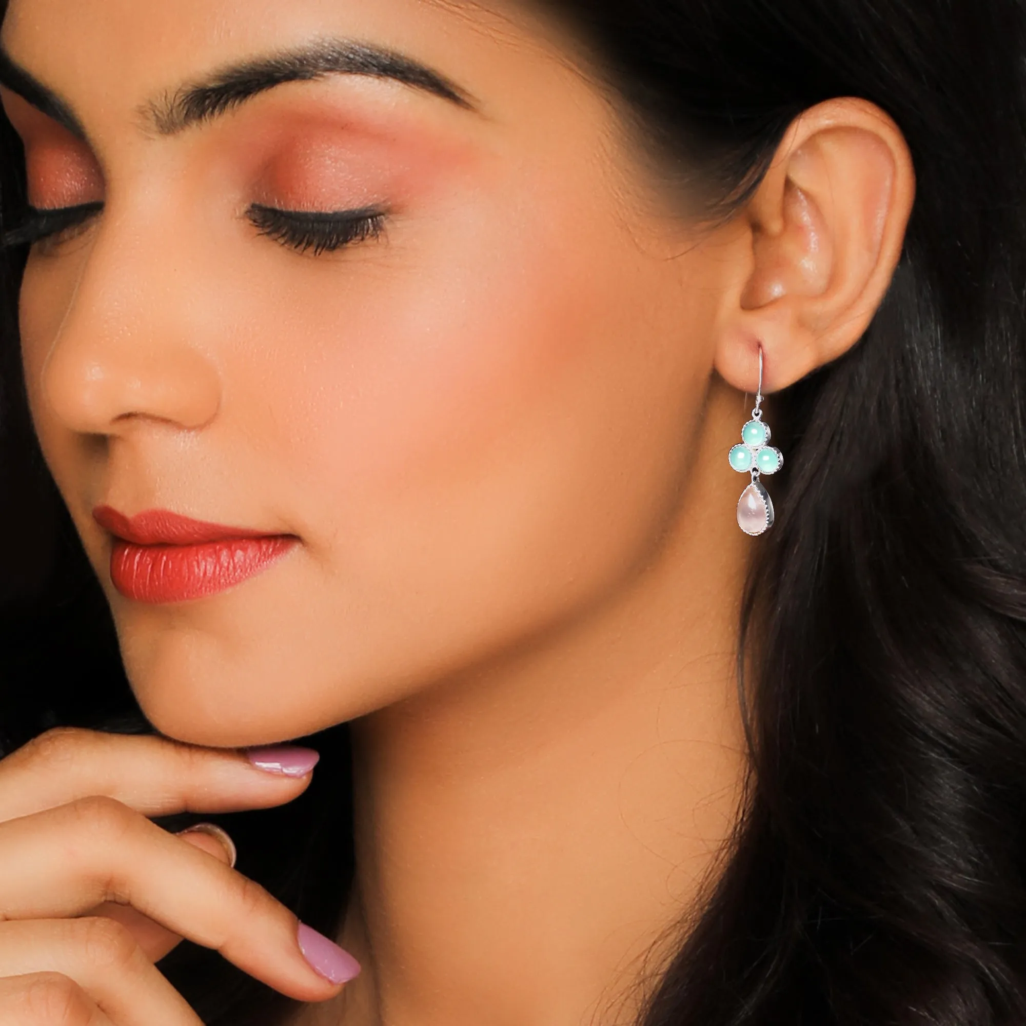 Silver Dual Tone Chalcedony Flower Drop Earrings