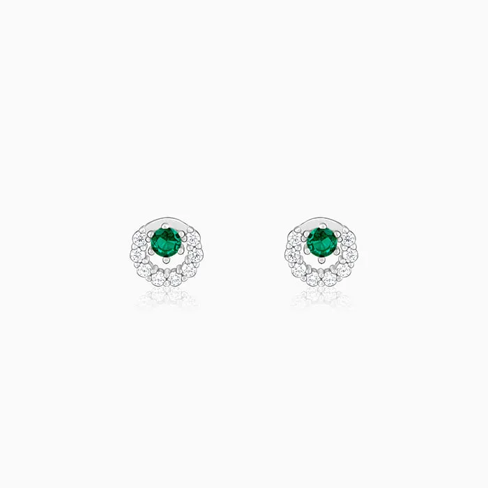 Silver Emerald Green Halo Stud Earrings