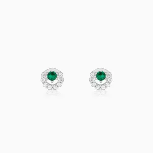 Silver Emerald Green Halo Stud Earrings