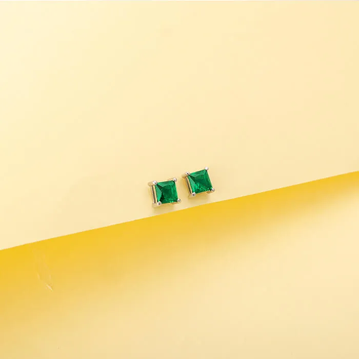 Silver Emerald Green Square Stud Earrings