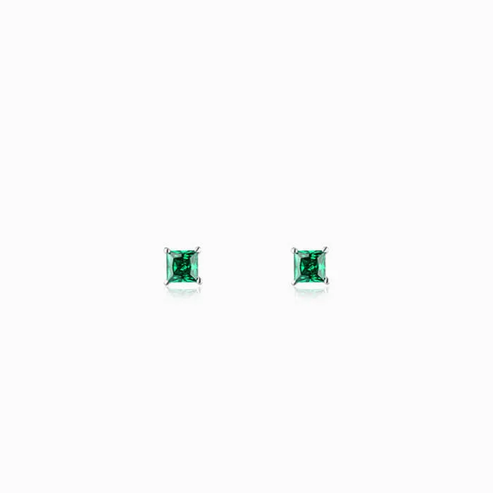 Silver Emerald Green Square Stud Earrings